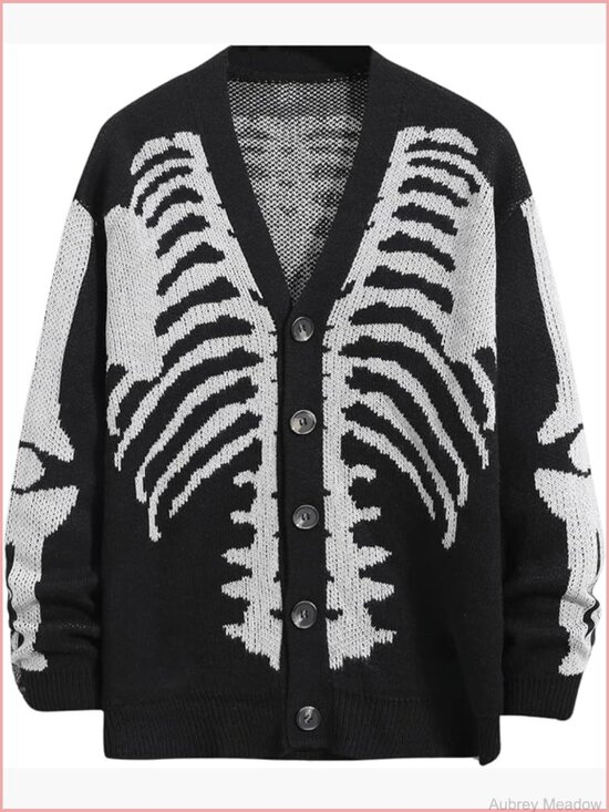 Sweaters - Women's Skeleton Print V Neck Button Down Goth Cardigan Grunge Loose Fit